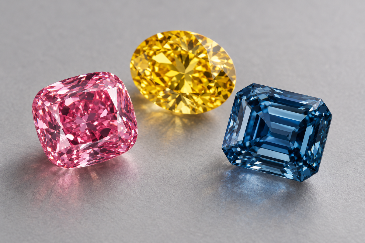 Illustrativ bild av rosa, gula och blå fancy-color-diamanter; färg, behandling och ursprung är inte fastställda.