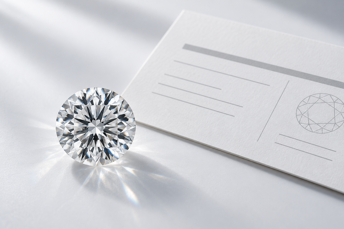 Illustrativ redaktionell bild: slipad diamant bredvid en schematisk graderingsrapport utan GIA-logotyp eller verkliga rapportuppgifter.