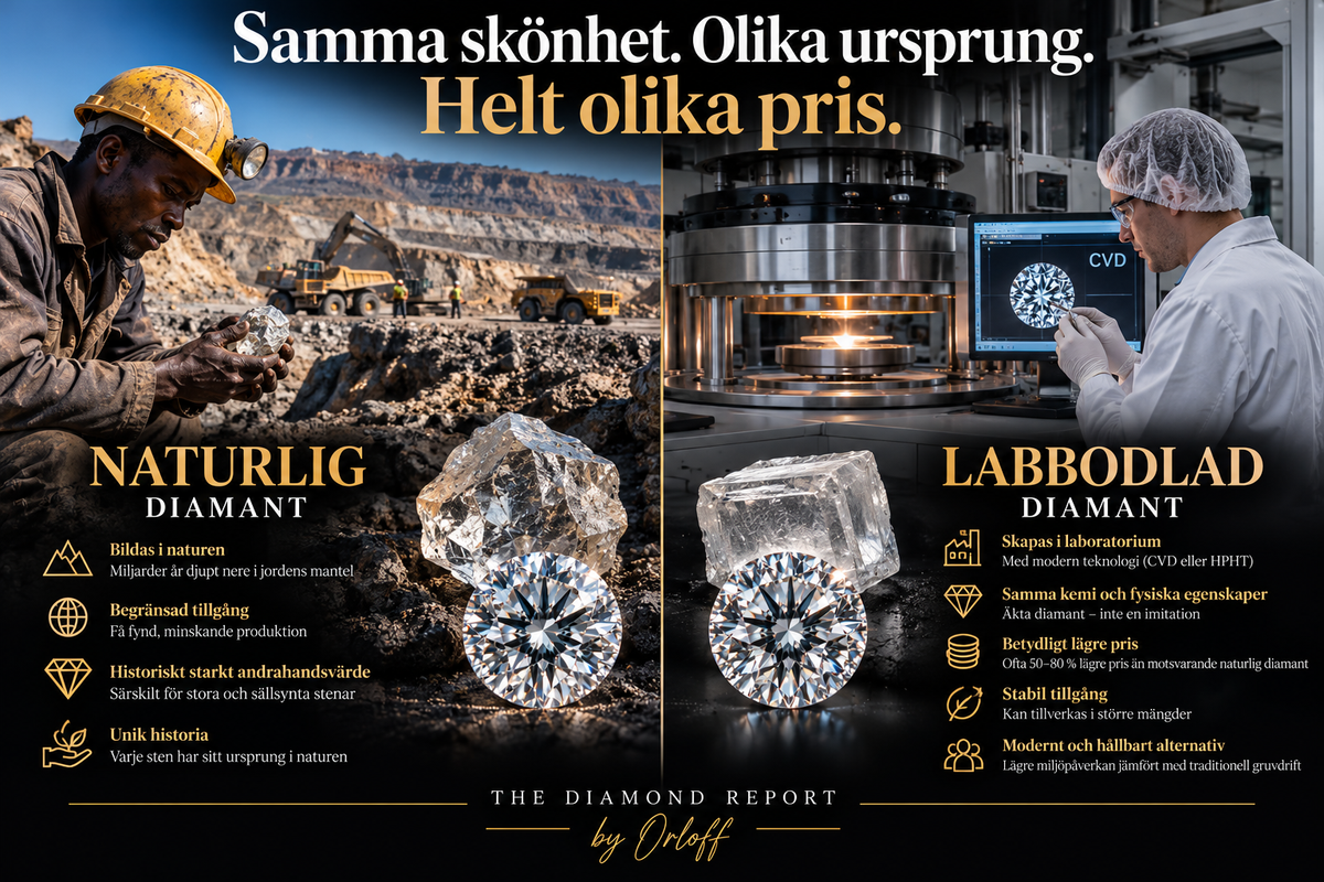 Redaktionell illustration: naturlig diamant från gruva och labbodlad diamant från CVD-laboratorium.