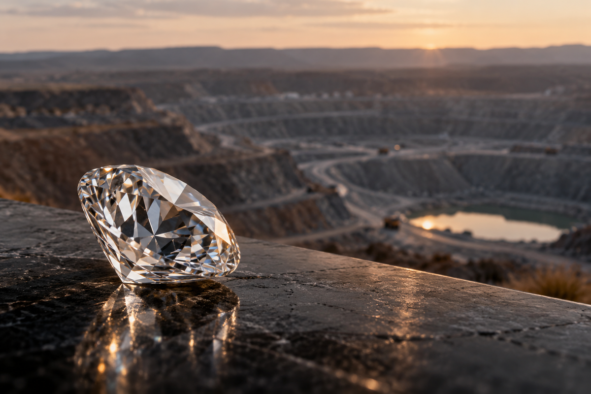 Illustrativ bild av en diamant framför en gruva i skymning; bilden visar ingen faktisk affär eller köpare.