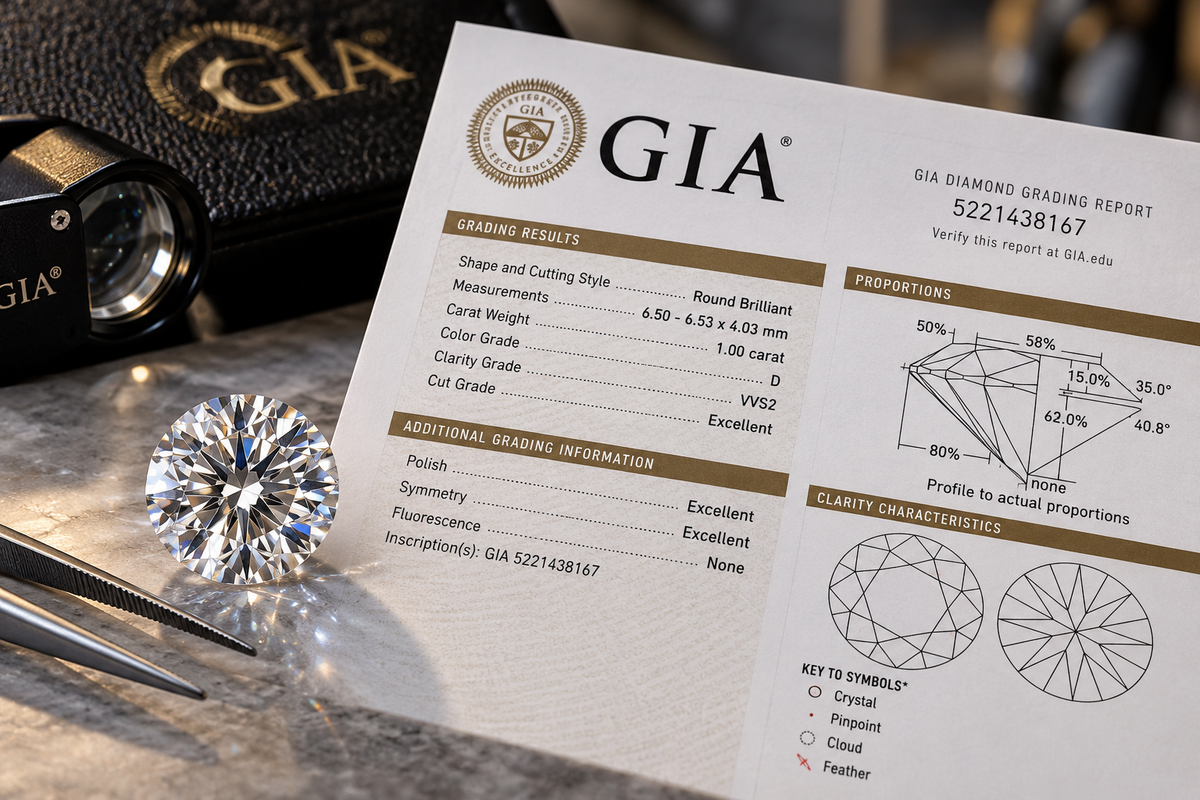 Illustration av diamant och graderingsrapport; dokumentet är inte en verklig GIA-rapport