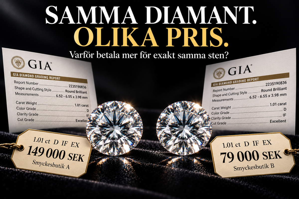 Illustration med fiktiva rapportnummer och priser: samma diamant erbjuds till olika priser.
