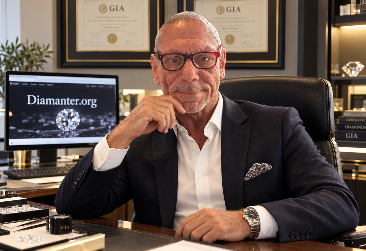 Orloff at his desk with GIA diplomas, for the Möt Orloff page